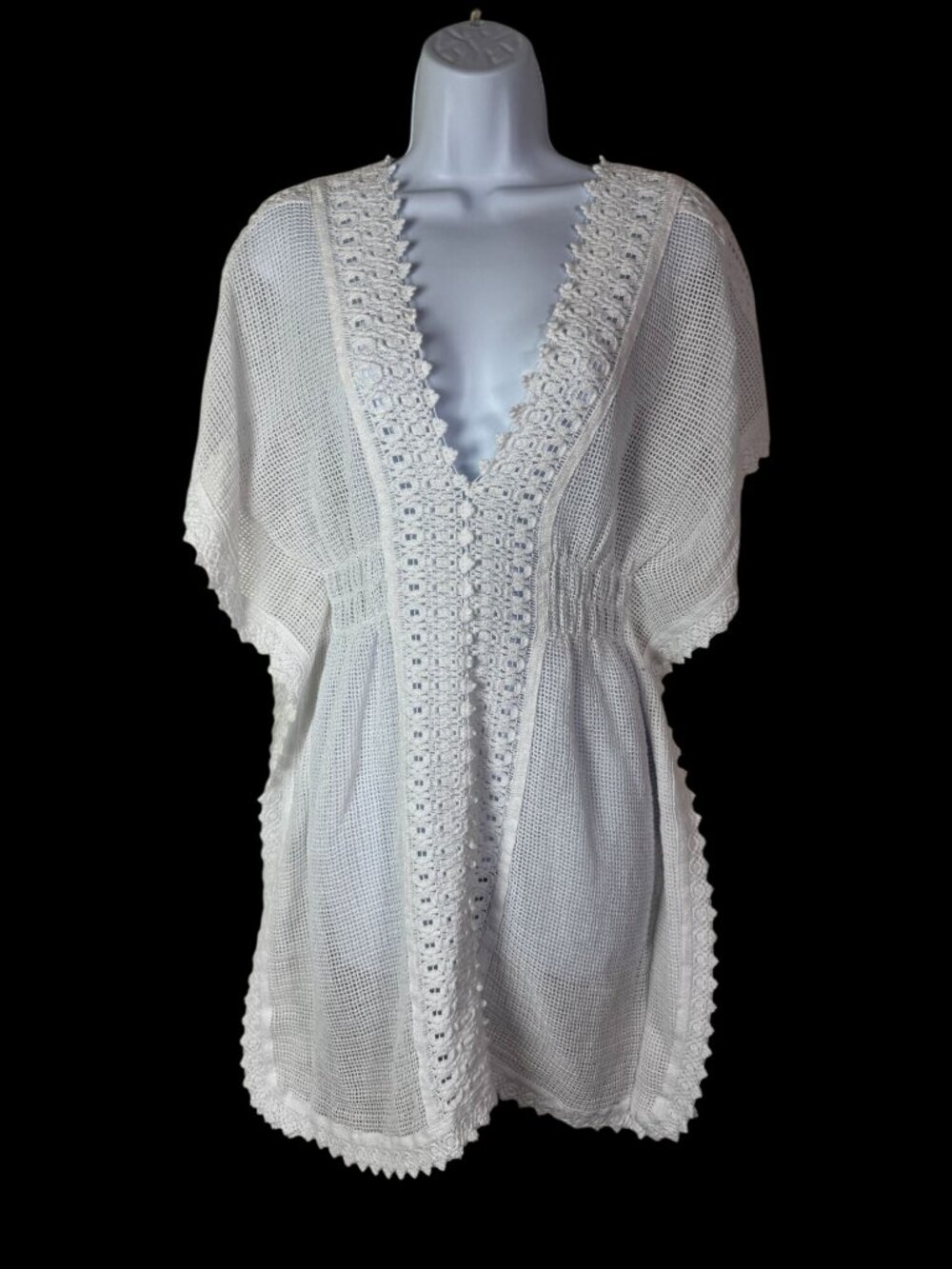 Sea Spice White Crochet V-Neck‎ Swim Cover-Up Dress Size Large Resort Wear Sheer